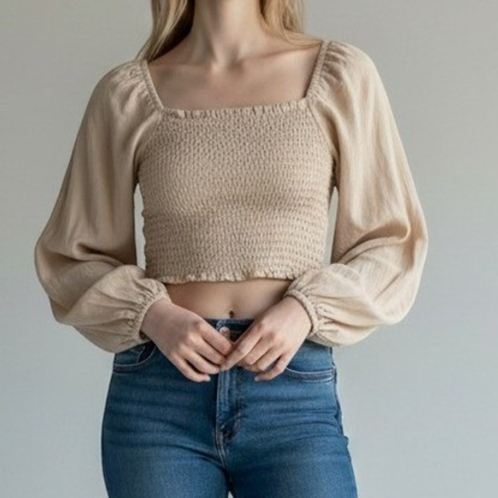 Japna Smocked Puff Sleeve Crop Top Boho Cottagecore Beige XL Junior NWT